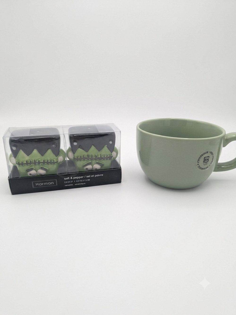 Frankenstein Halloween Salt & Pepper Shakers & Indigo Peek Inside Mug Set